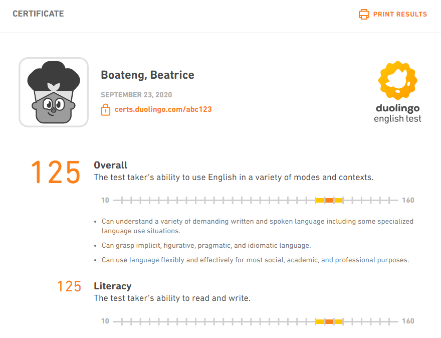 Sample Duolingo Certificate